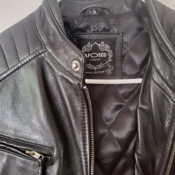 Men’s Black Leather Crew Neck Biker Jacket - Picture 9 of 13